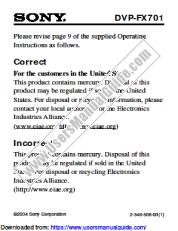 View DVP-FX701 pdf Operating Instructions corrections (pg.9: disposal)