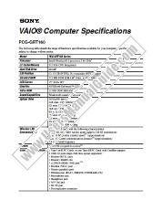 View PCG-GRT160 pdf Specification Sheet