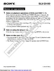 Voir SLV-D100 pdf Notes sur les opérations et le menu de configuration